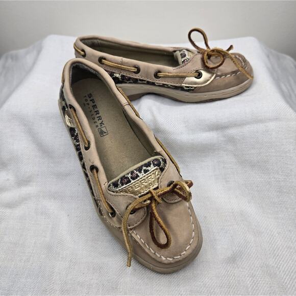 SPERRY Top-Siders Tan Boat Shoes with Glitter Leopard Print Pattern Size 13.5 - Picture 1 of 10